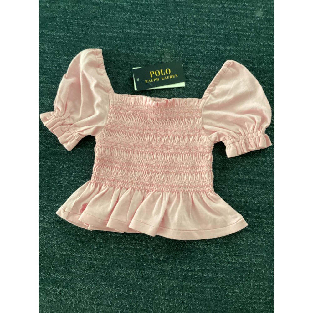 Polo Ralph Lauren Girls Nantucket Pink Smocked Peplum Puff Sleeve Top Size 4 NWT